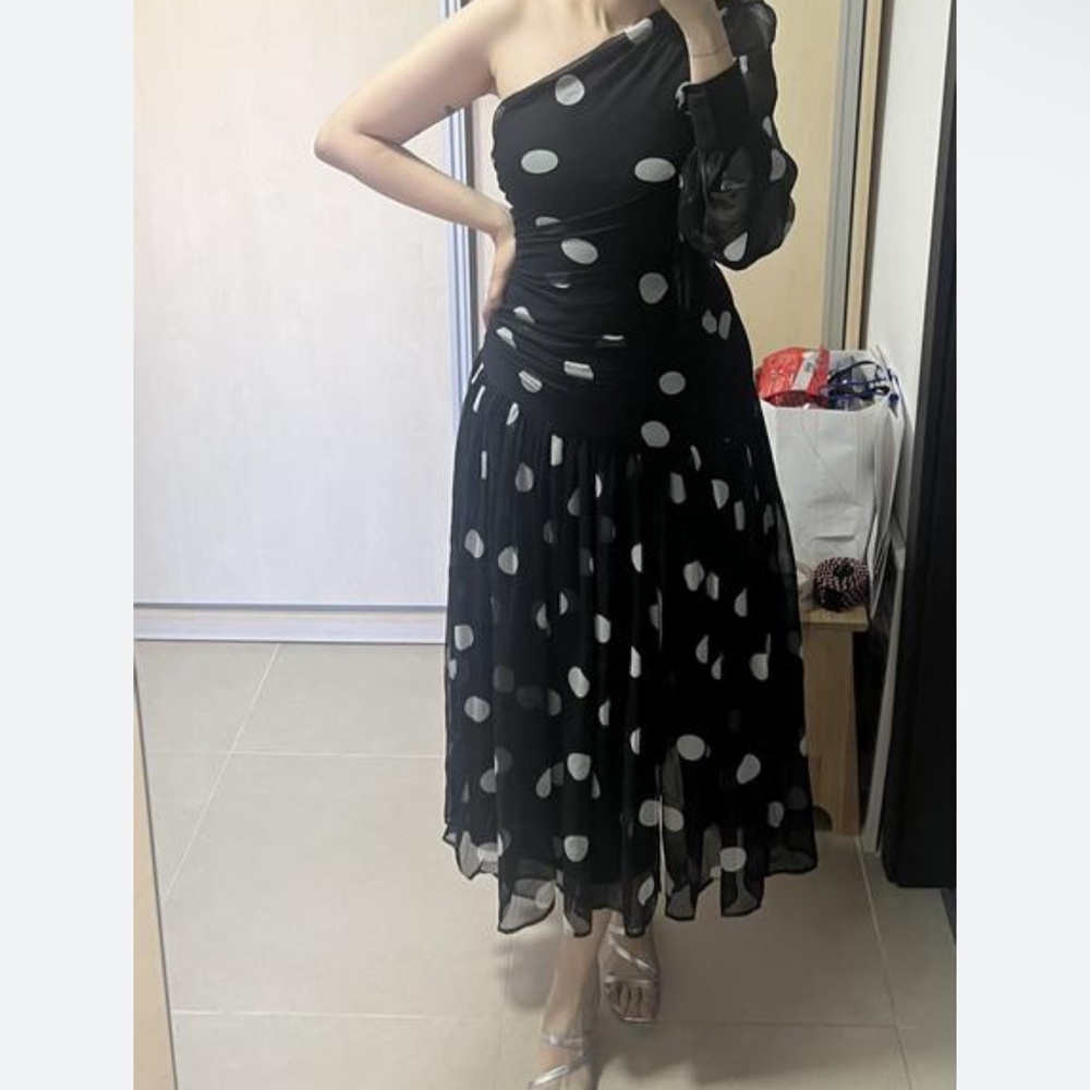 ASOS Elegant Black Polka Dot One-Shoulder Dress